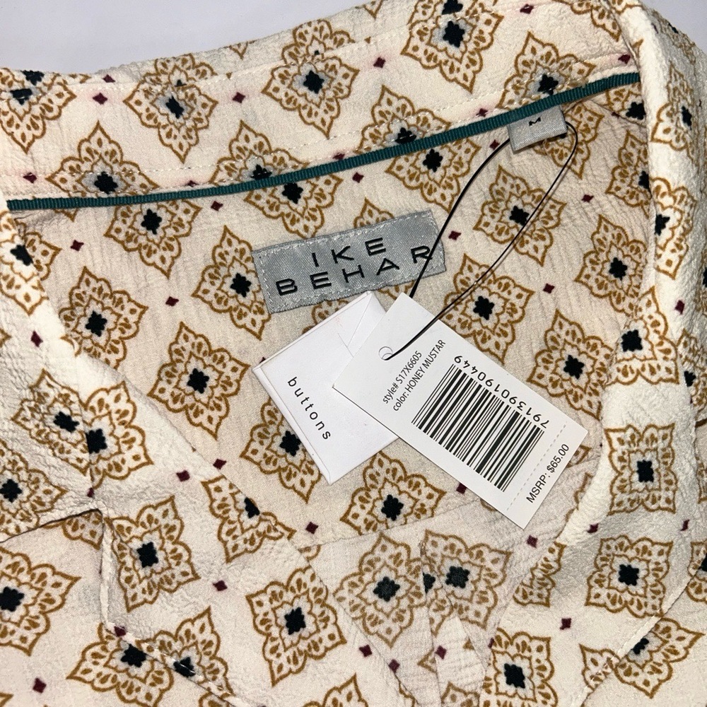 NWT IKE BEHAR Mens Medium Cream Geometric Short Sleeve Button Down Shirt - Picture 6 of 9